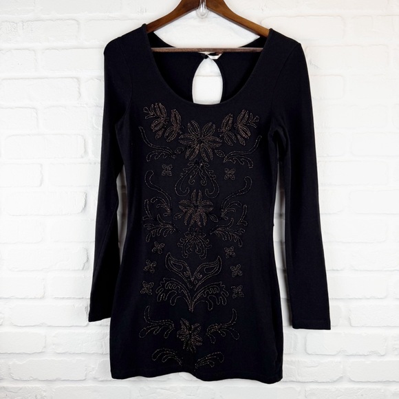 Free People Lady in Waiting Black Gold Bronze Embroidered Applique mini Dress M - Picture 1 of 9